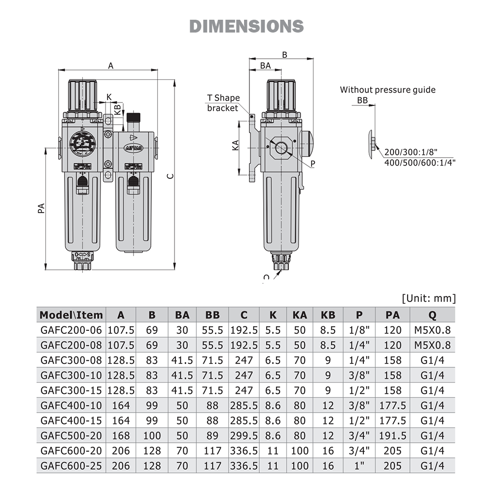 GAFC300C10STK AIRTAC FRL ASSEMBLY GAFC300 SERIES 3/8" NPT P-FILTER-REG, LUB 20-130 PSI 40 MIC MB LP GAUGE INT CHK